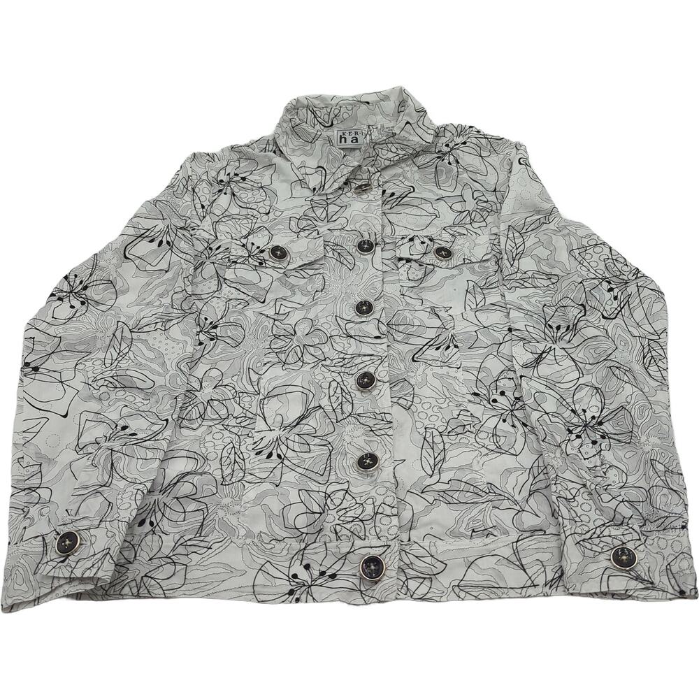 Keren Hart L White/Black Floral Button Front Blouse
